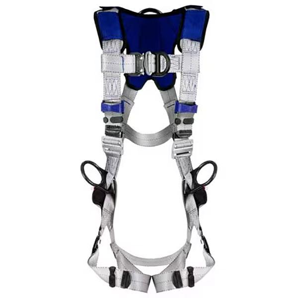 The 3M DBI-SALA ExoFit X100 Comfort Wind Energy Climbing/Positioning Safety Harness (model 140123) from 3M DBI-SALA Fall Protection is a blue and gray harness equipped with adjustable straps and metal buckles. Designed specifically for wind energy applications, it boasts a padded shoulder area and multiple attachment points to ensure optimal fall protection.