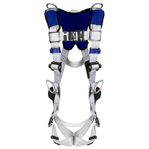 The 3M DBI-SALA Fall Protection ExoFit X100 Comfort Vest Positioning/Retrieval Safety Harness features blue and gray straps designed for dependable fall protection. Equipped with adjustable buckles, metal D-rings, and a padded comfort vest design, it is ideal for construction or climbing activities.