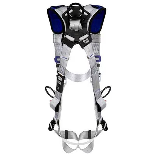 The 3M DBI-SALA Fall Protection ExoFit X100 Comfort Wind Energy Climbing/Positioning Safety Harness (model 140123_) features a white backdrop, with its gray and blue colors emphasizing its suitability for wind energy jobs. It is equipped with adjustable straps, shoulder padding, and multiple attachment points to ensure secure fastening.