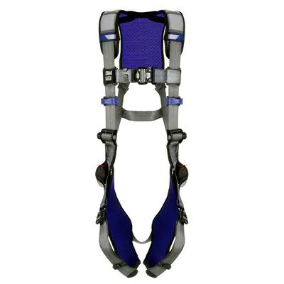 The 3M DBI-SALA ExoFit X200 Safety D-Ring Harness 140202_ from 3M DBI-SALA Fall Protection features blue and gray straps with comfortable padding. It includes adjustable buckles, a sturdy D-Ring for secure attachment, as well as shoulder, chest, and leg supports to ensure optimal worker protection.