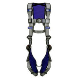 The 3M DBI-SALA ExoFit X200 Safety D-Ring Harness 140202_ from 3M DBI-SALA Fall Protection features blue and gray straps with comfortable padding. It includes adjustable buckles, a sturdy D-Ring for secure attachment, as well as shoulder, chest, and leg supports to ensure optimal worker protection.