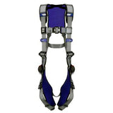 Introducing the 3M DBI-SALA ExoFit X200 Safety D-Ring Harness, a full-body harness with blue and gray straps, featuring padded back support and adjustable buckles for a secure fit. This product from 3M DBI-SALA Fall Protection ensures optimal fall protection for construction or other high-risk jobs.