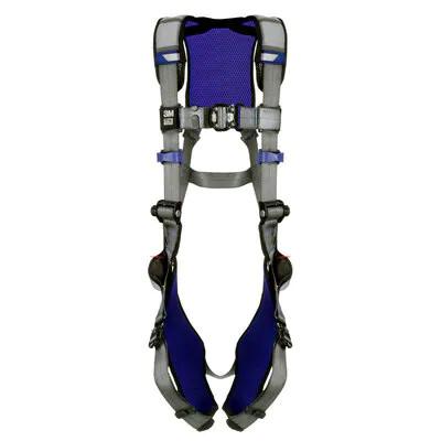 Introducing the 3M DBI-SALA ExoFit X200 Safety D-Ring Harness, a full-body harness with blue and gray straps, featuring padded back support and adjustable buckles for a secure fit. This product from 3M DBI-SALA Fall Protection ensures optimal fall protection for construction or other high-risk jobs.