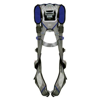 Introducing the 3M DBI-SALA ExoFit X200 Safety D-Ring Harness, a grey and blue full-body safety harness designed for industrial use. This model features padded shoulder straps and multiple adjustable buckles with a D-ring, ensuring a secure and adaptable fit for maximum safety on any job site.