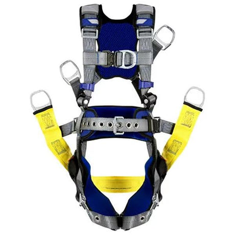 The 3M DBI-SALA ExoFit X200 Comfort Oil & Gas Climbing/Positioning Safety Harness 140205 from 3M DBI-SALA Fall Protection is a blue and gray full-body harness featuring adjustable straps and metal buckles, specifically designed for fall protection. It includes yellow accents and offers multiple attachment points for secure fastening, making it ideal for climbing or positioning tasks in oil and gas environments.