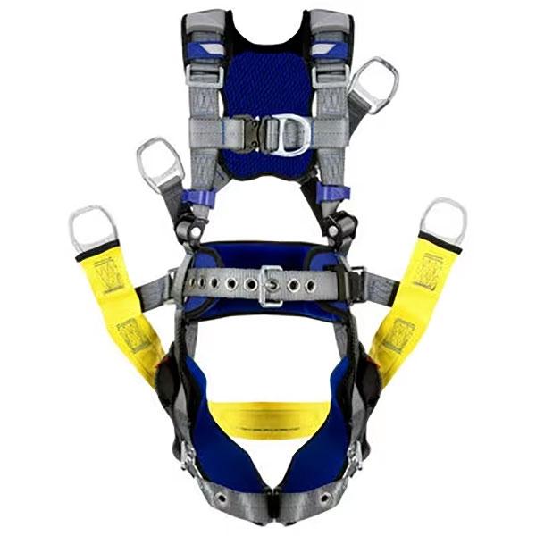 Image of the 3M DBI-SALA ExoFit X200 Comfort Oil & Gas Climbing/Positioning Safety Harness 140205, featuring blue, gray, and yellow straps. It includes multiple adjustment buckles and metal D-rings for secure attachment, making it ideal for climbing or positioning in construction activities.