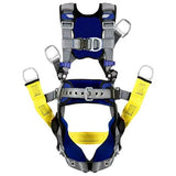 Introducing the 3M DBI-SALA ExoFit X200 Comfort Oil & Gas Climbing/Positioning Safety Harness 140205_ by 3M DBI-SALA Fall Protection. This harness, featuring a combination of blue, gray, and yellow colors with metallic buckles and loops for secure attachment, incorporates shoulder straps, a waist belt, and leg loops. It is engineered to deliver robust support for various safety applications in the oil & gas industry or climbing/positioning activities.