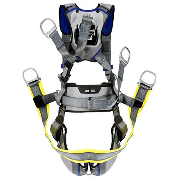 The 3M DBI-SALA ExoFit X200 Comfort Oil & Gas Climbing/Positioning Safety Harness 140205 features adjustable straps, padded shoulder and waist sections, and metal buckles. Designed by 3M DBI-SALA Fall Protection for superior fall protection, it includes safety clips and visible connection points. This harness comes in a color scheme of gray, blue, and yellow accents.