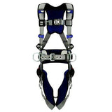 The 3M DBI-SALA ExoFit X200 Comfort Construction Positioning Harness from 3M DBI-SALA Fall Protection is designed in black and gray with blue accents, featuring adjustable straps, metal buckles, and reinforced padding for ultimate comfort and support. It includes D-ring connections, making it ideal for climbing or construction use.