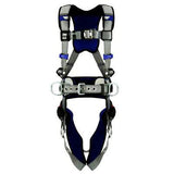 The 3M DBI-SALA ExoFit X200 Comfort Construction Positioning Harness, featuring a blue and gray design with adjustable straps, buckles, and D-ring connections, is crafted by 3M DBI-SALA Fall Protection to offer secure support. When laid flat to reveal its full structure, it is ideal for construction or climbing environments.