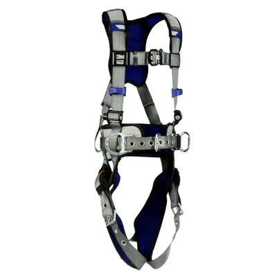 The 3M DBI-SALA ExoFit X200 Comfort Construction Positioning Harness, from the 3M DBI-SALA Fall Protection brand, is a full-body safety harness featuring adjustable straps and buckles for optimal fall protection. This comfort harness is designed with gray and blue webbing, D-ring connections, and multiple attachment points to ensure enhanced security.