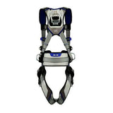 This image showcases the 3M DBI-SALA ExoFit X200 Comfort Construction Positioning Harness from 3M DBI-SALA Fall Protection. It features a padded back and leg straps, primarily in gray with black and blue accents. The harness is equipped with multiple buckles, D-ring connections, and adjustable points to ensure a secure fit.