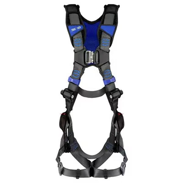 The 3M DBI-SALA ExoFit X300 X-Style Vest Safety Harness 140319_, presented in a refined black and blue, is expertly crafted for working at height. This harness offers fall protection with its adjustable straps, secure buckles, and cushioned sections for superior comfort. It features leg loops and a chest connection point to ensure maximum safety.