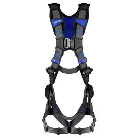 A black and blue 3M DBI-SALA ExoFit X300 X-Style Vest Safety Harness (product code: 140319_) with adjustable straps and buckles, designed for working at height. It features shoulder, chest, and leg straps for enhanced security and support.