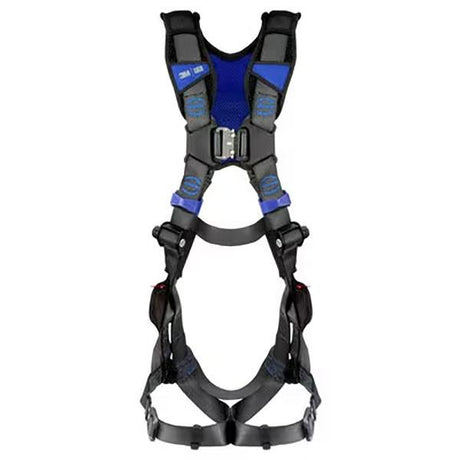 The 3M DBI-SALA ExoFit X300 X-Style Vest Safety Harness 140319_, offered by 3M DBI-SALA Fall Protection, features adjustable straps in blue and black for superior fall protection. Equipped with sturdy buckles, it ensures secure and comfortable wear suitable for construction work or other high-risk environments at height.