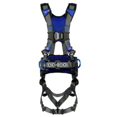 The 3M DBI-SALA ExoFit X300 X-Style Positioning Construction Safety Harness, model 1403207-, is a blue and black harness designed for fall protection with adjustable straps and metal buckles. It features padded shoulder and waist straps with multiple attachment points, reflecting the quality of 3M DBI-SALA Fall Protection.