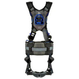 The 3M DBI-SALA ExoFit X300 X-Style Positioning Construction Safety Harness 1403207 from 3M DBI-SALA Fall Protection is engineered for safety in construction settings. It includes padded shoulder straps, a chest buckle, and a waist belt. Sporting a sleek black design with blue accents, it offers attachment points and bears the "3M" label to ensure dependable fall protection.