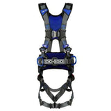 The 3M DBI-SALA ExoFit X300 X-Style Positioning Construction Safety Harness 1403207- is a blue and black full-body harness featuring adjustable straps and metal buckles. Crafted by 3M DBI-SALA Fall Protection for enhanced fall safety, it includes D-rings for secure attachment, making it ideal for construction safety or climbing activities.