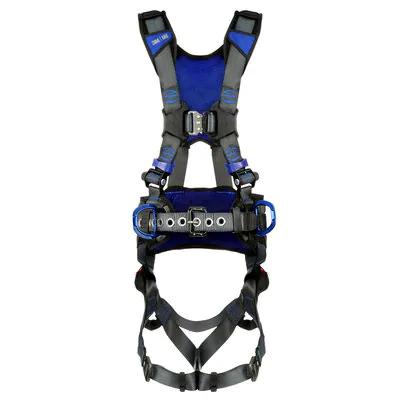 The 3M DBI-SALA Fall Protection ExoFit X300 X-Style Positioning Construction Safety Harness (model 1403207) in blue and black is equipped with adjustable straps, metal buckles, and reinforced padding for reliable body support during construction or climbing activities.