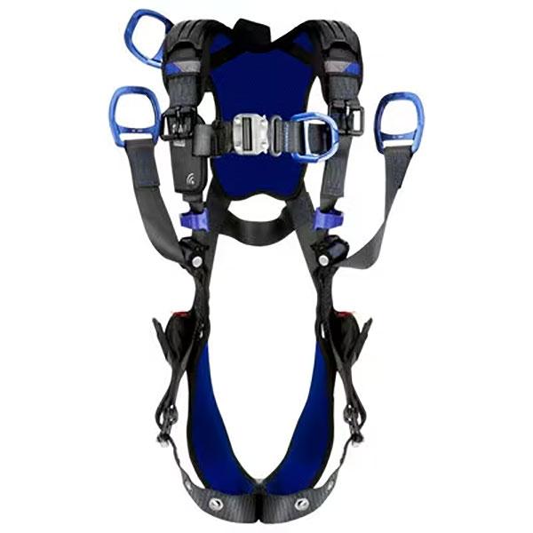 The 3M DBI-SALA ExoFit X300 Comfort Oil & Gas Climbing/Positioning Safety Harness 140322_ features adjustable blue and black straps with metal buckles and clips for secure fastening. Designed by 3M DBI-SALA Fall Protection, it provides fall protection specifically for the oil & gas industry, and includes padded sections for enhanced comfort.