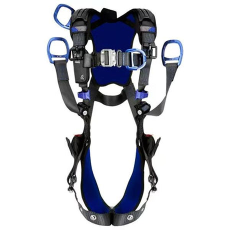 The 3M DBI-SALA ExoFit X300 Comfort Oil & Gas Climbing/Positioning Safety Harness 140322_ features adjustable blue and black straps with metal buckles and clips for secure fastening. Designed by 3M DBI-SALA Fall Protection, it provides fall protection specifically for the oil & gas industry, and includes padded sections for enhanced comfort.