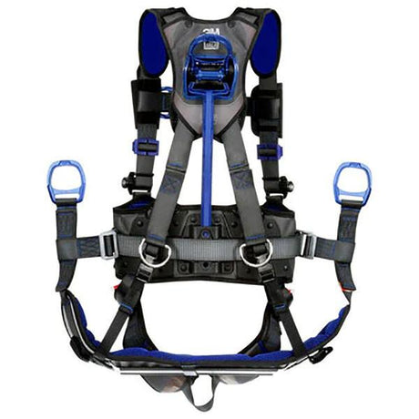 Image of the 3M DBI-SALA ExoFit X300 Comfort Tower Climbing Safety Harness with blue and black straps and buckles. This harness, by 3M DBI-SALA Fall Protection, includes shoulder and waist straps, metal clips, and padding for enhanced comfort and protection. Its Weight Distribution System ensures optimal balance during climbs.