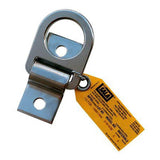 The DBI-SALA D-ring with Anchorage Plate 210163, manufactured by 3M DBI-SALA Fall Protection, is a metallic anchor point device featuring a circular opening and a yellow safety tag. It is utilized in fall arrest systems to ensure protection and secure connections, with the attached tag providing specifications and compliance details.