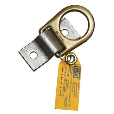 A gold-colored safety latch featuring a circular handle and metallic clasp is attached to a yellow inspection tag adorned with printed text. This robust component integrates seamlessly within the 3M DBI-SALA Fall Protection's DBI-SALA D-ring with Anchorage Plate 210163, enhancing security in your fall arrest system.