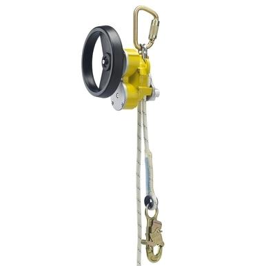 The DBI-SALA Rollgliss R550 Rescue and Descent Device, offered by 3M DBI-SALA Fall Protection, includes a yellow fall arrest device with a black circular handle and a carabiner for added safety. It features a white rope with metal clips that make it perfect for controlled descents during climbing or working at heights.