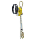 The 3M DBI-SALA Fall Protection's DBI-SALA Rollgliss R550 Rescue and Descent Device is a yellow safety rope grab unit that includes an attached metal carabiner and a black wheel. It features a white rope with black markings and a metal clip, making it perfect for assisted rescue and fall protection during climbing or construction activities.