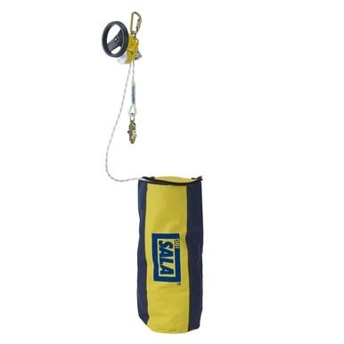 The DBI-SALA Rollgliss R550 Rescue and Descent Device by 3M DBI-SALA Fall Protection is displayed, featuring a yellow and blue safety line kit that includes a pulley system and rope. A yellow side bag with "DBI-SALA" printed on it accompanies the setup, making it perfect for assisted rescue operations.