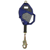 A 3M DBI-SALA Smart Lock SRL with galvanized cable (Product: Class 1 350387) from the 3M DBI-SALA Fall Protection brand showcases a blue and black design. This OSHA-compliant self-retracting lifeline includes a handle, metal hook, rectangular label with white text, multiple bolts, and a durable strap attached to the hook.