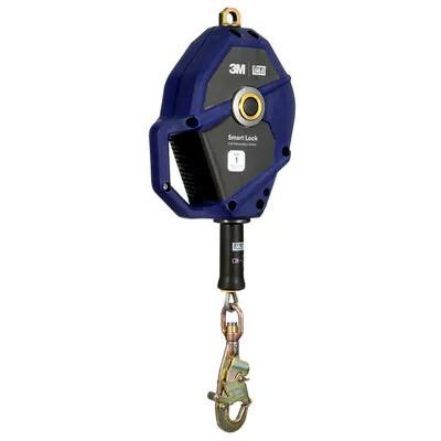 The 3M DBI-SALA Smart Lock SRL, a blue and black device featuring a metal hook, is an essential OSHA-compliant fall protection tool designed to ensure workplace safety, made by 3M DBI-SALA Fall Protection.