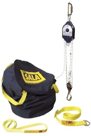 This OSHA-compliant kit from 3M DBI-SALA Fall Protection includes the DBI-SALA 4:1 Rescue Positioning Device 3602000, featuring a yellow and blue bag with "SALA" branding, a rescue positioning device equipped with a pulley and carabiner, and a yellow strap with clip. It's perfect for industrial or construction use.