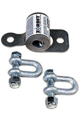 Image of a Zorbit Energy Absorber for Horizontal Lifelines by 3M DBI-SALA Fall Protection, equipped with two steel shackles. The label on the absorber displays visible text. Each shackle, integral to the horizontal lifeline system, features a U-shaped metal body with a threaded pin designed for safety and load distribution in rigging systems.