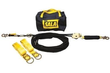 The DBI-SALA Sayfline Horizontal Lifeline System 7600500, from 3M DBI-SALA Fall Protection, is a black and yellow safety harness kit that includes a rope, two lanyards, and a metal pulley. Designed to meet OSHA and ANSI standards, this premium set comes with a matching carrying bag labeled "DBI Sala," perfect for integration into your horizontal lifeline system.