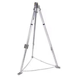 The 3M DBI-SALA Fall Protection Confined Space Aluminum Tripod 800014_ features telescoping adjustable locking legs and a connecting chain at the base. It includes a top-mounted pulley mechanism, making it perfect for lifting or hoisting tasks. This durable yet lightweight aluminum structure is specially designed for industrial or rescue applications.