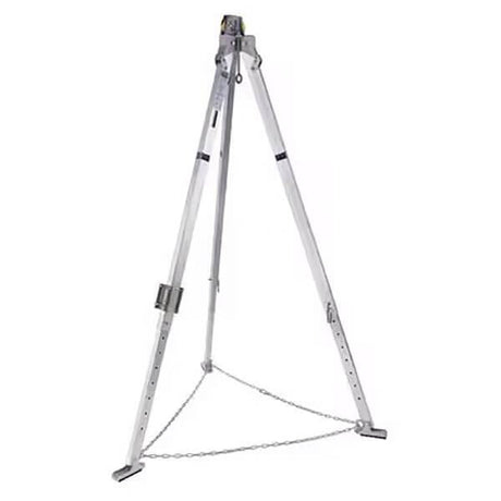 The 3M DBI-SALA Fall Protection Confined Space Aluminum Tripod 800014_ features telescoping adjustable locking legs and a connecting chain at the base. It includes a top-mounted pulley mechanism, making it perfect for lifting or hoisting tasks. This durable yet lightweight aluminum structure is specially designed for industrial or rescue applications.