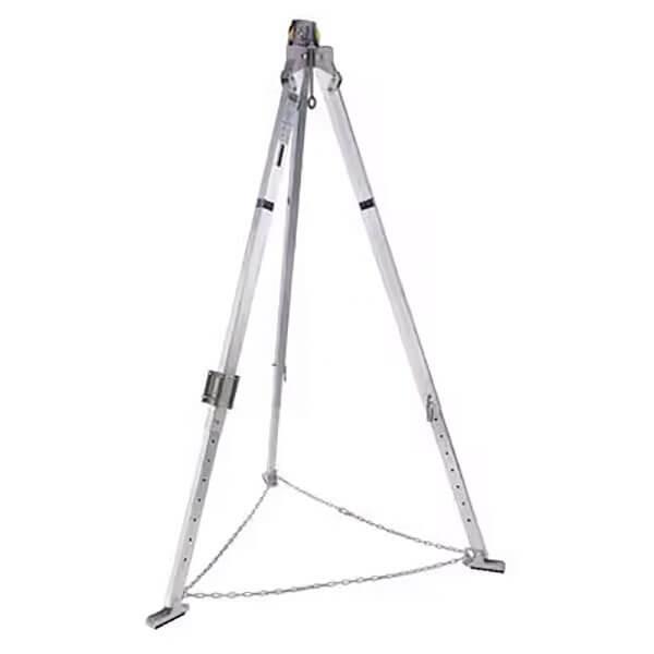 A lightweight aluminum tripod with telescoping adjustable locking legs and a stabilizing chain across the base, featuring a pulley mechanism at the top, similar to the 3M DBI-SALA Fall Protection Confined Space Aluminum Tripod 800014.