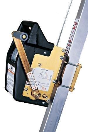 A detailed view of a metal safety mechanism fitted to an inclined rail, showcasing a black handle and a gold-colored plate with small diagrams and instructional labels. The design evokes the DBI-SALA Salalift II Confined Space Retrieval Winch by 3M DBI-SALA Fall Protection, likely used for climbing or vertical movement safety in conjunction with galvanized steel cable.