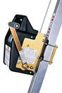 A 3M DBI-SALA Fall Protection DBI-SALA Salalift II Confined Space Retrieval Winch, in black and gold, is attached to a vertical metal rail. This manually operated device features a handle and a galvanized steel cable, with instructional labels on its surface. The background is white.