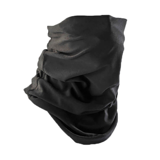 The NSA DRIFIRE PRIME FR Neck Gaiter DF2-762CNG-BK, a black fabric product from NSA, is inherently flame resistant and perfect for cold weather. It is folded and draped against a white background, showcasing its smooth and flexible material. Equipped with moisture management technology, it is suitable for various uses such as a face covering or scarf.