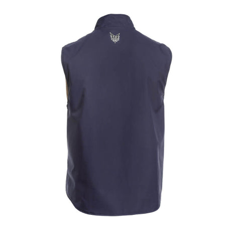 A rear view showcases the NSA DRIFIRE FR Fleece Lined Vest DF2-CM-G2V-NB-_ _ in navy blue, crafted with PYRAD Fabric. It features a small, intricate logo near the upper center and appears smooth, with likely windproof and water-resistant properties ideal for outdoor or active wear.