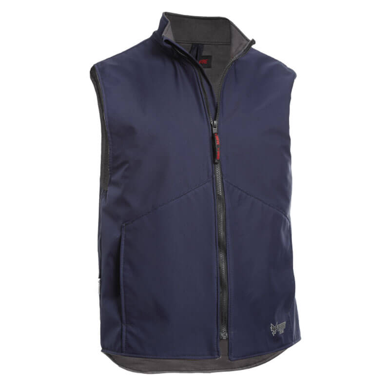 This NSA DRIFIRE FR Fleece Lined Vest DF2-CM-G2V-NB-_ _ in navy blue features a sleek, weather-resistant exterior. Its high collar and black zipper enhance the sleeveless design, which is further improved by the windproof and water-resistant PYRAD Fabric. The vest is also adorned with an embroidered logo near the bottom edge.