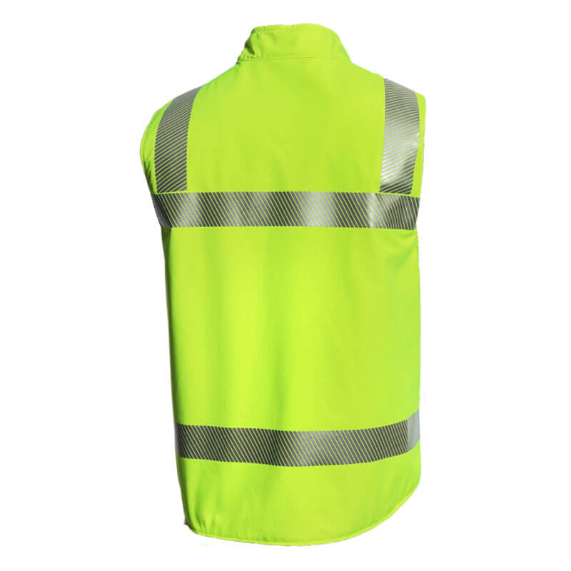 The NSA DRIFIRE Hi-Vis FR Fleece Lined Vest, Class 2 DF2-CM-G2VC2-HY, in a vibrant yellow-green color with silver reflective stripes made from FR 3M Scotchlite Reflective material, is showcased on a plain background. This sleeveless vest by NSA ensures high visibility and safety.