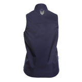 The NSA DRIFIRE Women's FR Fleece Lined Vest DF2-CM-G2VW-NB showcases a sleeveless design in dark blue, featuring a high collar and adorned with a small white logo of either a bee or butterfly on the upper back. Crafted from PYRAD Fabric, this vest provides smooth and lightweight comfort while offering resistance to both wind and water.