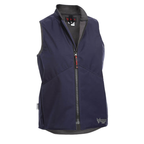 The NSA DRIFIRE Women's FR Fleece Lined Vest (DF2-CM-G2VW-NB-_ _) is a navy blue vest designed with a high collar and front zipper, made from PYRAD fabric. It includes a logo at the bottom right and features a red hanging loop inside the collar. This lightweight vest is both wind and water-resistant, making it perfect for outdoor or casual wear.