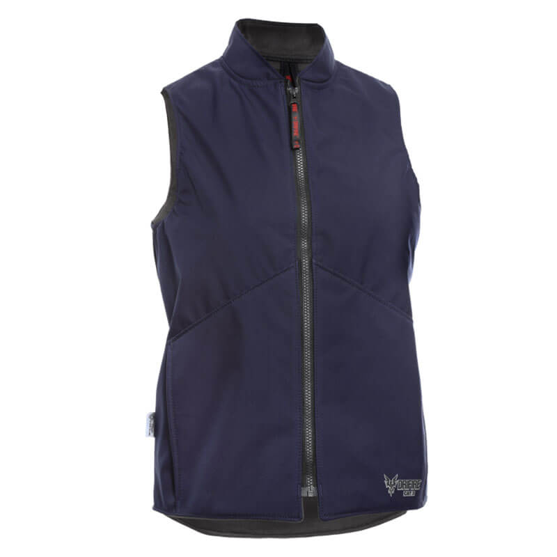 The NSA DRIFIRE Women's FR Fleece Lined Vest DF2-CM-G2VW-NB-_ _ is a navy blue vest designed with a sleeveless cut, a front zipper, and a high collar. Made from PYRAD Fabric, this vest is wind and water-resistant. It features a subtle embroidered logo on the bottom left side, combining style and functionality in its soft, lightweight design.