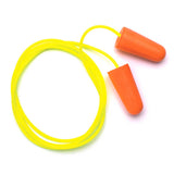 A pair of Pyramex Safety DP1001 disposable corded earplugs with a tapered fit, featuring bright orange foam connected by a vivid yellow cord, coiled neatly in a loop.