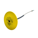 A yellow circular Frontline Drop Thru Anchor Round Plate with cable from Frontline Fall Protection; resembles drain cleaning bladders, features a black cable and visible warning text on its yellow surface, like portable fall protection tags.